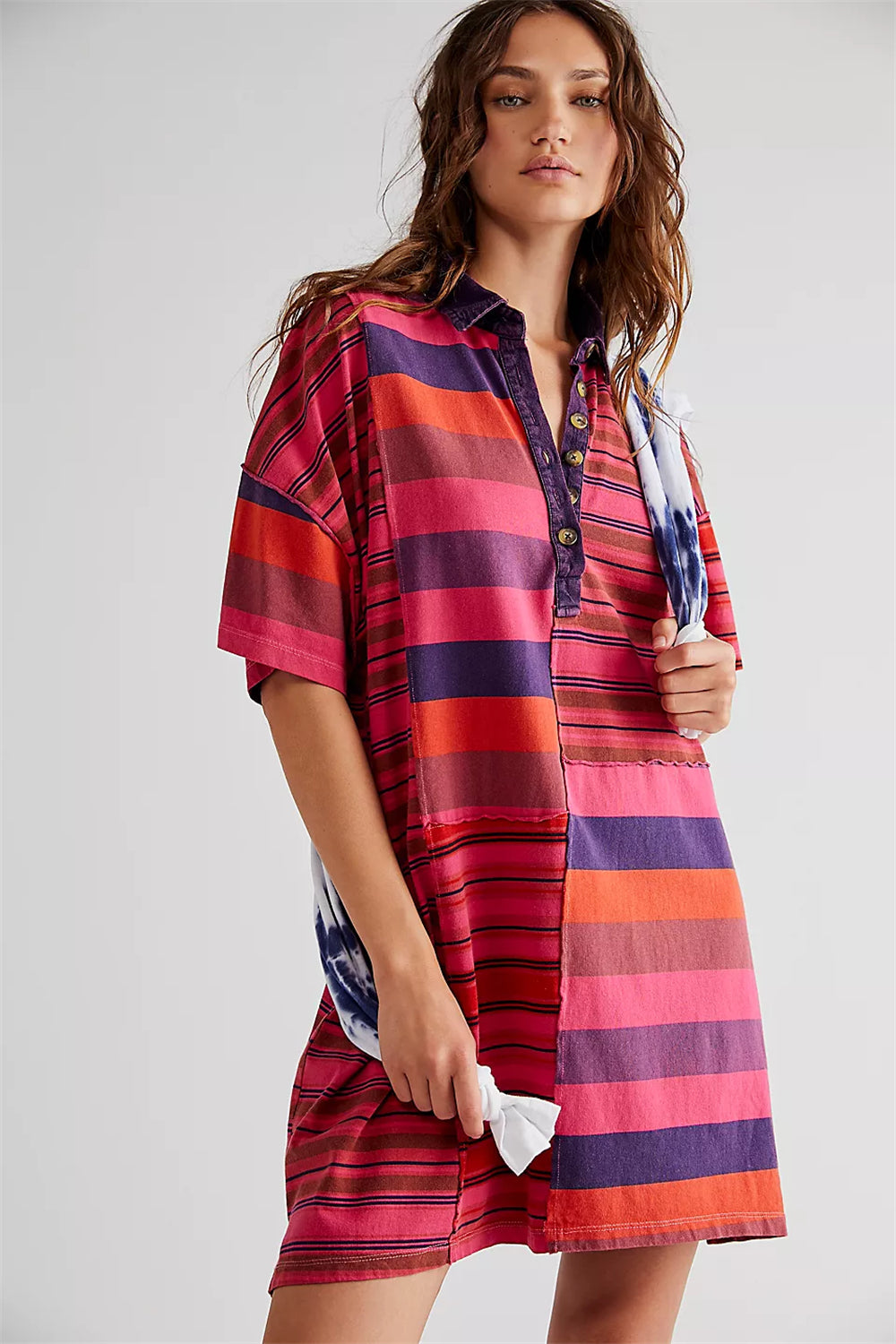 Striped color block drop shoulder button down dress 3077