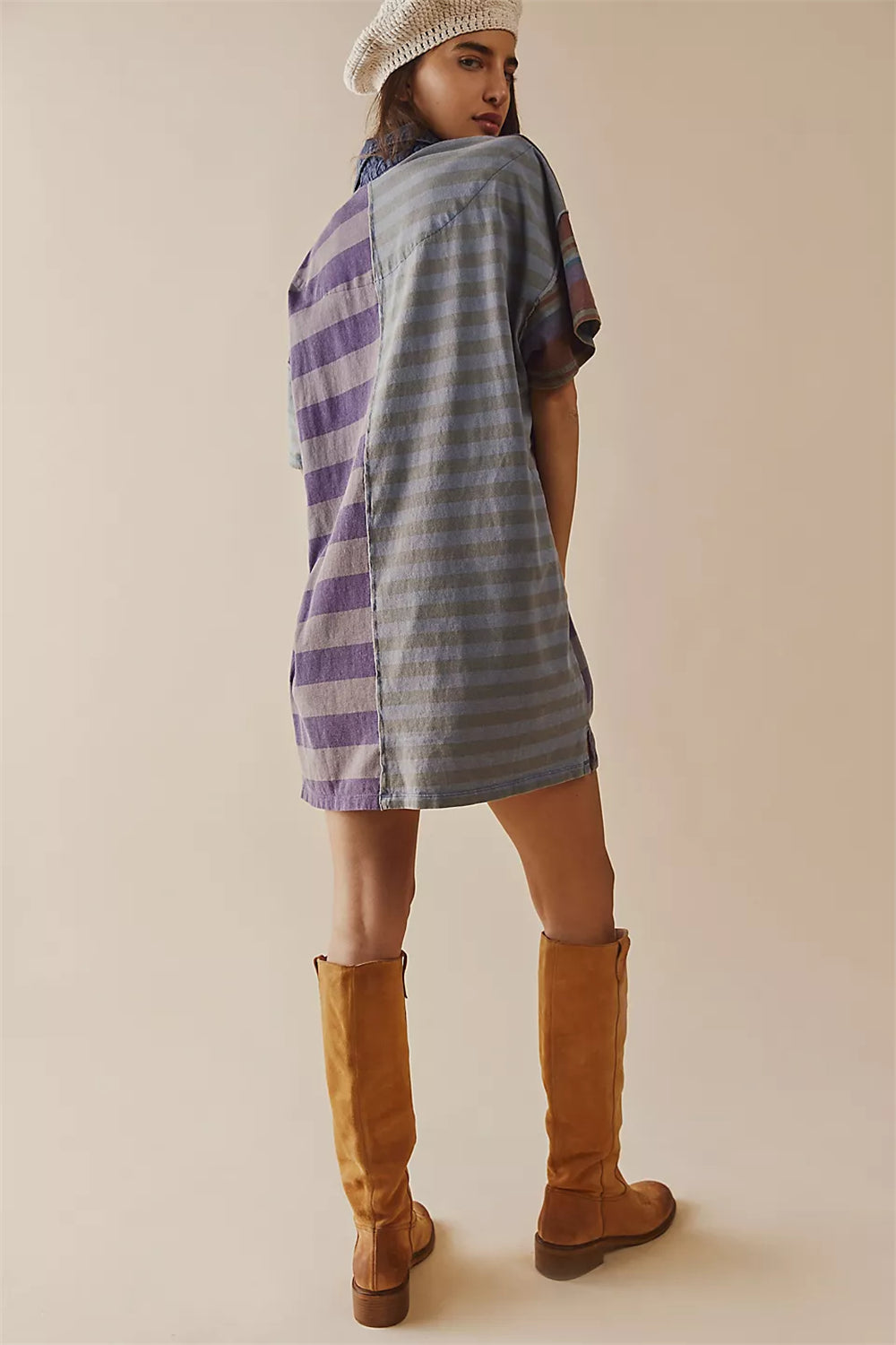 Striped color block drop shoulder button down dress 3077