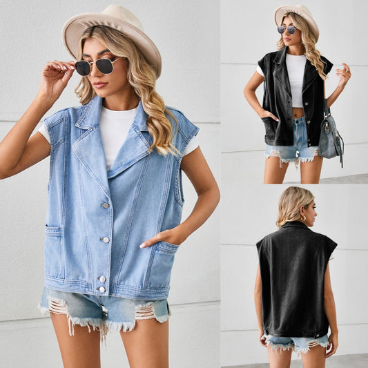 Stylish Cut Chic Sleeveless Jean Jacket 2744 Mix Color