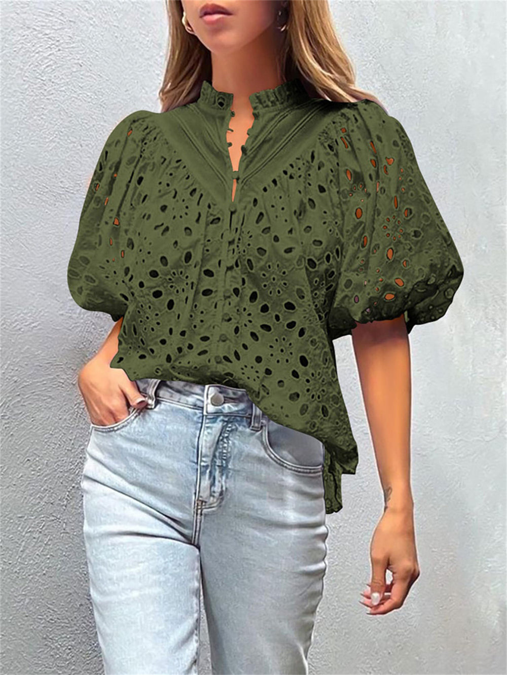 Summer Eyelet Blouse with Delicate Details 3007 Green