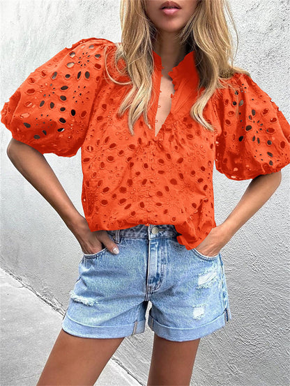 Summer Eyelet Blouse with Delicate Details 3007 Orange