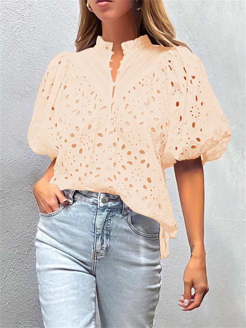 Summer Eyelet Blouse with Delicate Details 3007 Apricot