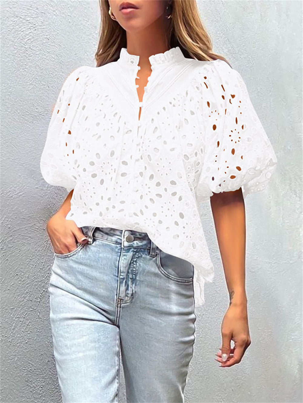 Summer Eyelet Blouse with Delicate Details 3007 White