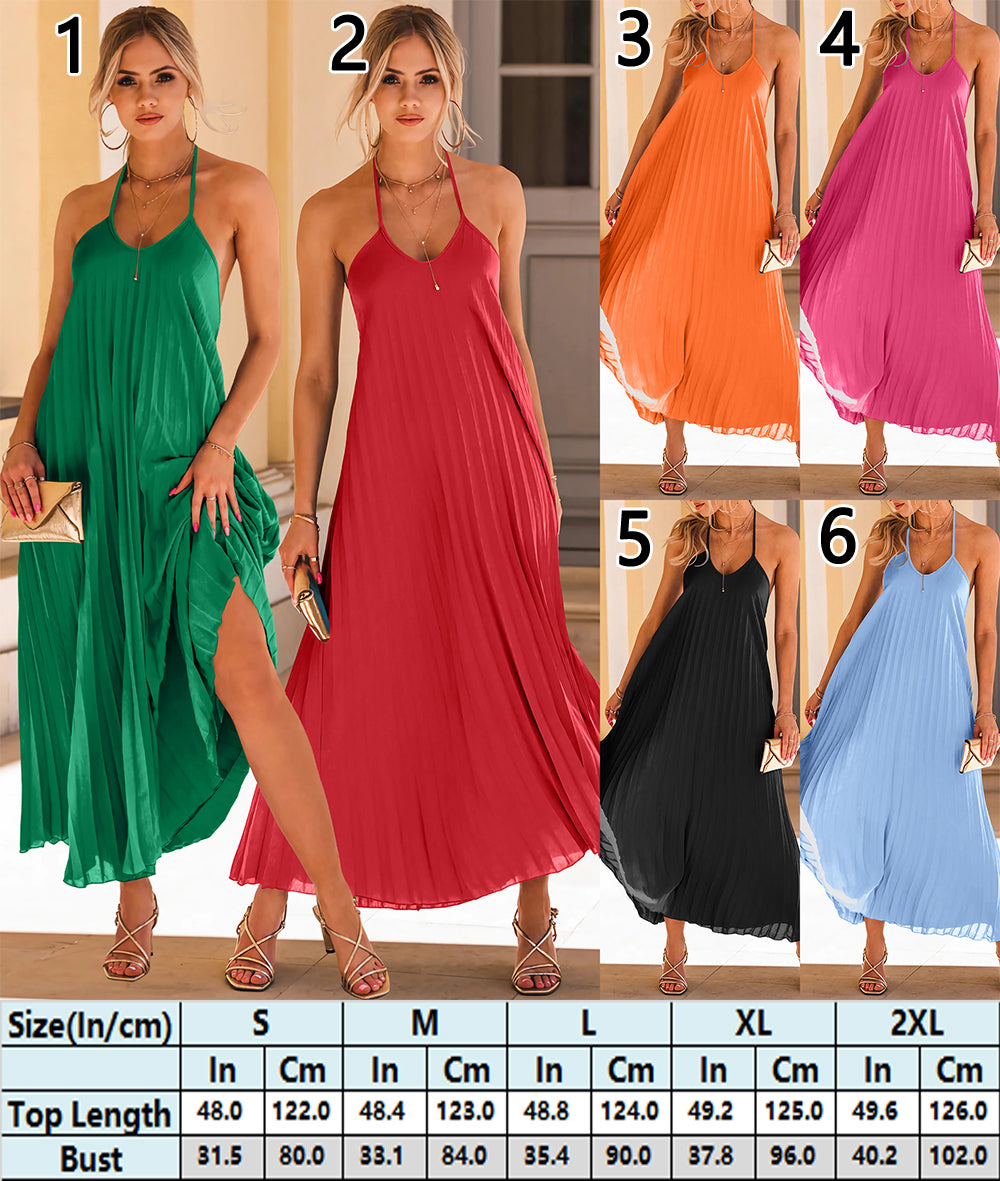 Summer Halter Neck Maxi Dress with Pleated Detail 3010