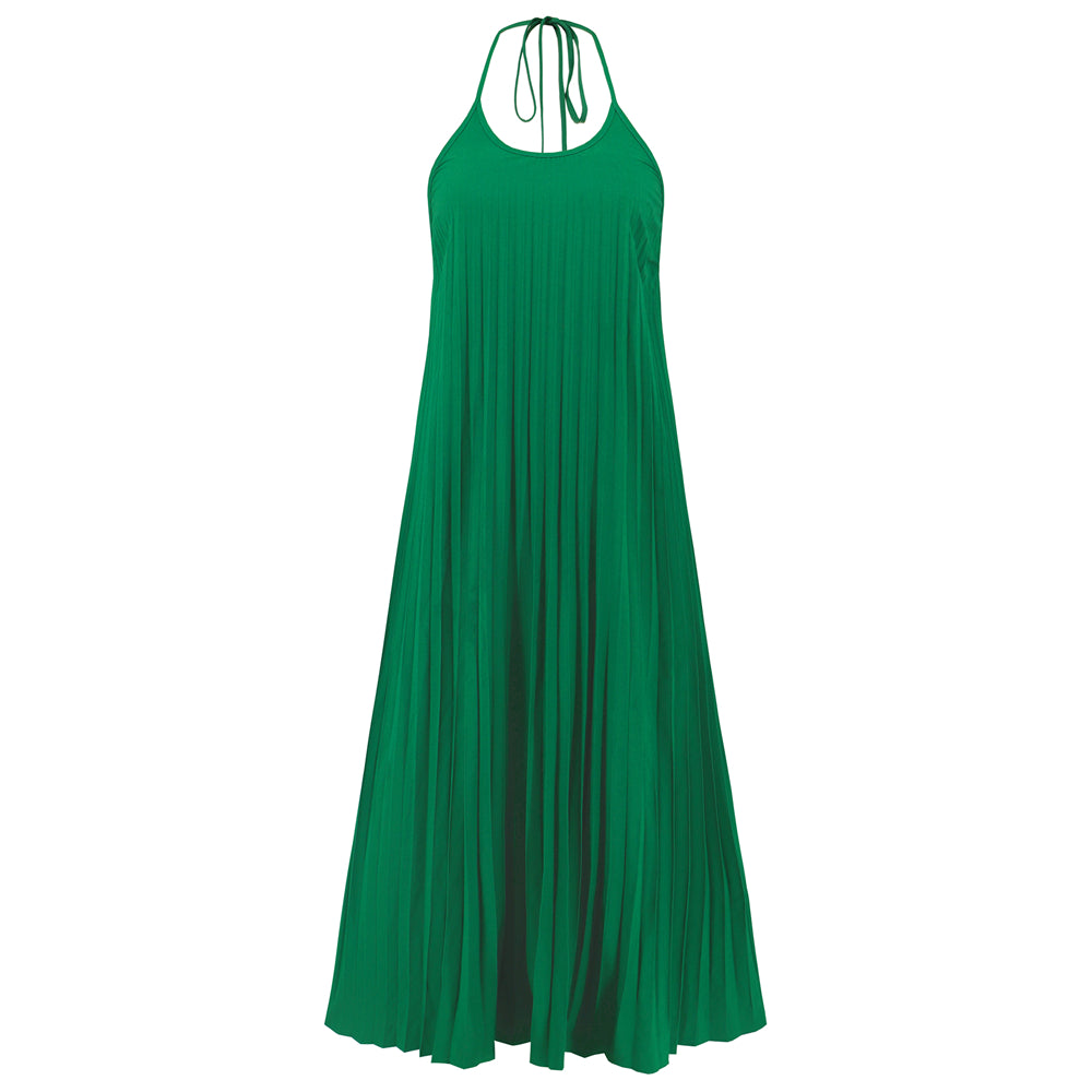 Summer Halter Neck Maxi Dress with Pleated Detail 3010