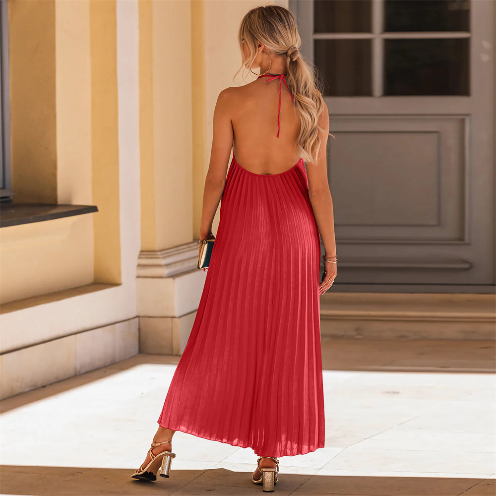 Summer Halter Neck Maxi Dress with Pleated Detail 3010