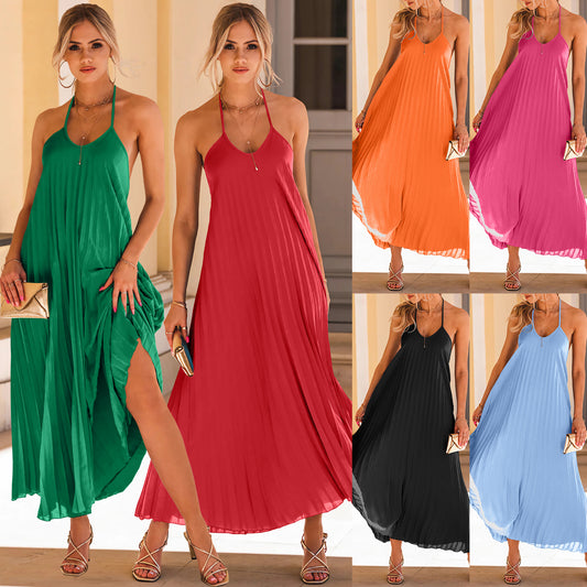 Summer Halter Neck Maxi Dress with Pleated Detail 3010 Mix Colo