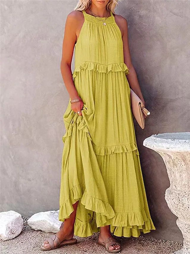 Summer Maxi ruffle dress casual maxi dresses 3048 Yellow