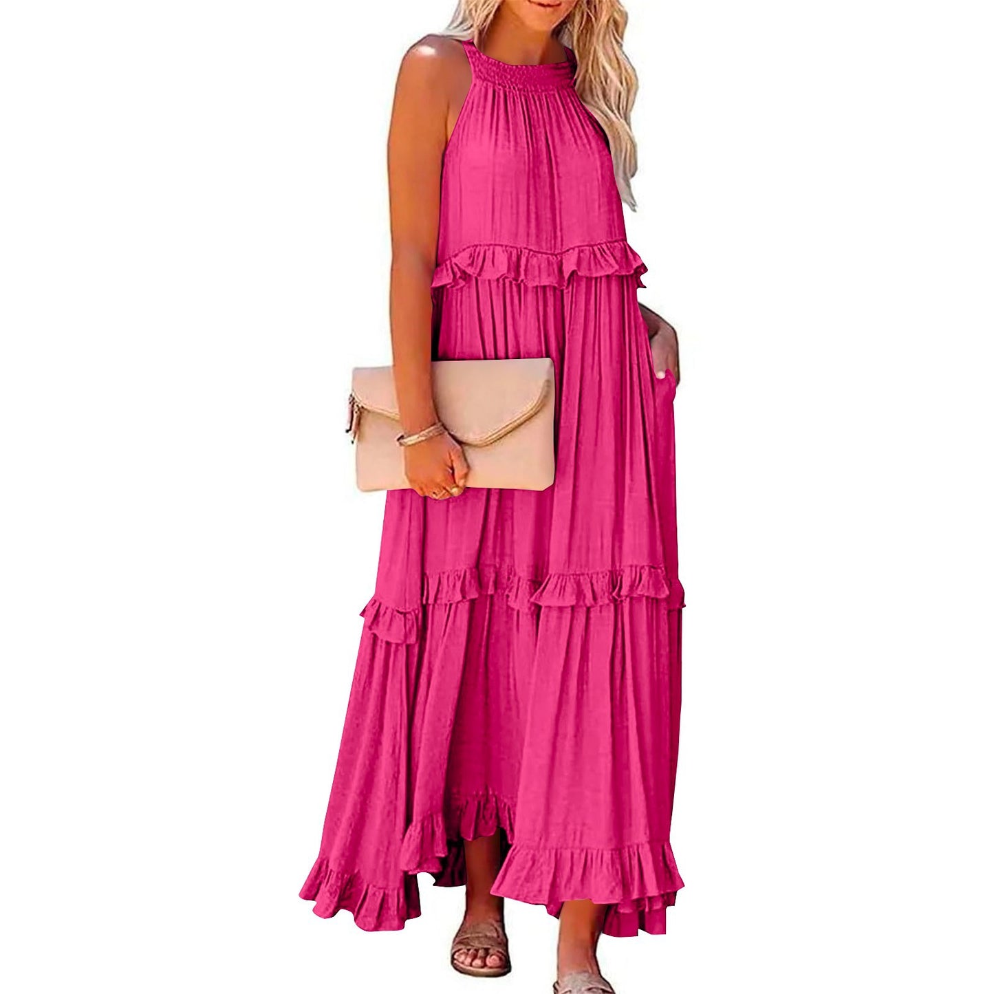 Summer Maxi ruffle dress casual maxi dresses 3048 Rose red