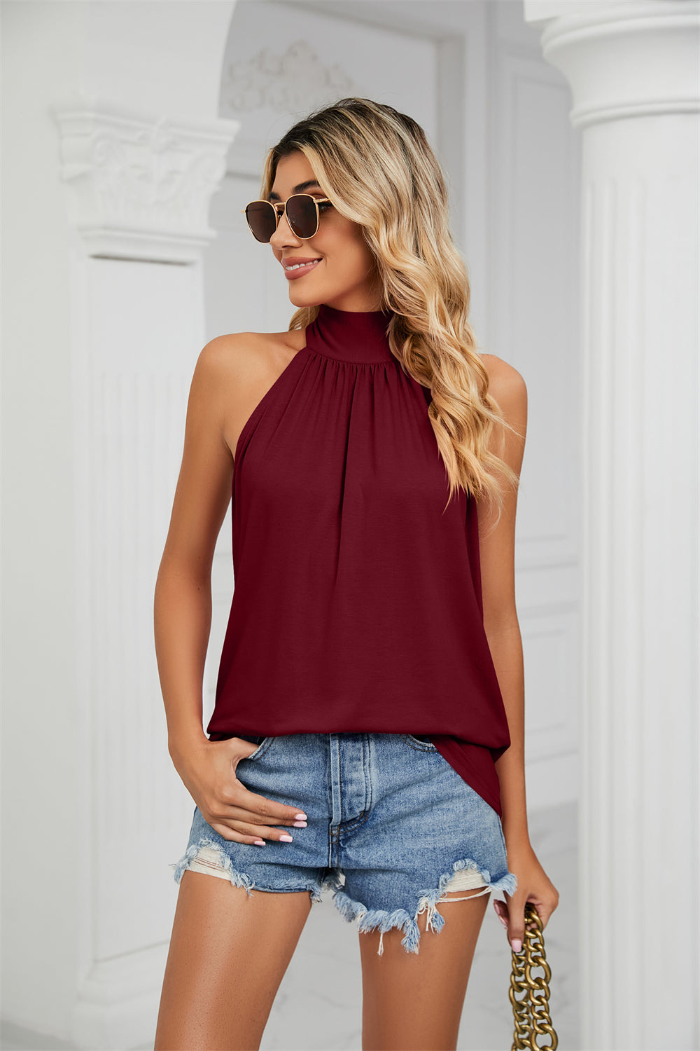 Summer-Ready tie-up back halter tops for women 3017 Wine red