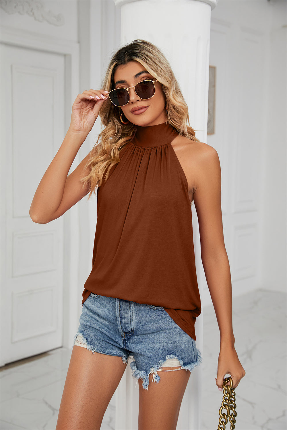 Summer-Ready tie-up back halter tops for women 3017 Brown