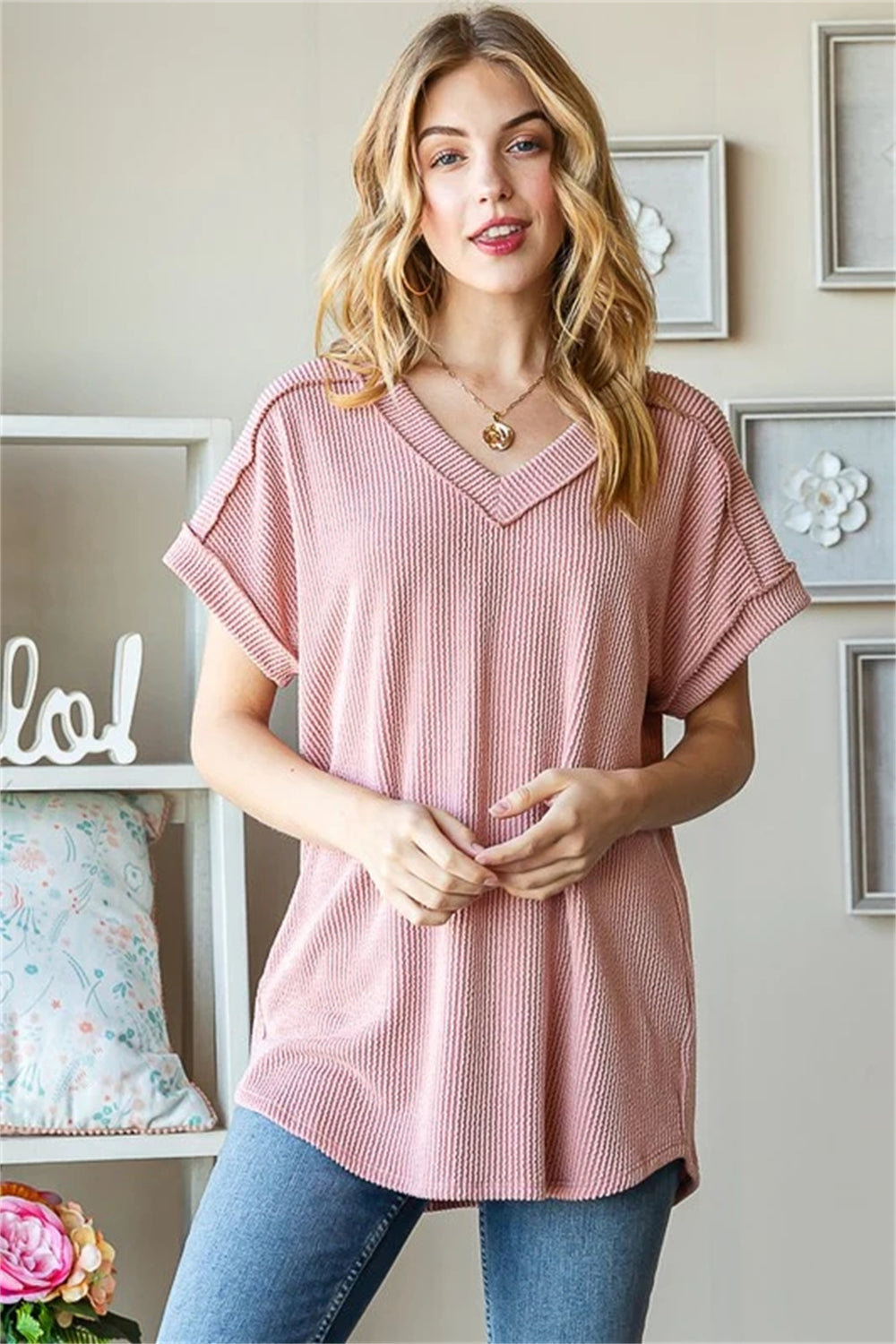 Summer Rib Knit Collar Top 2952 Pink