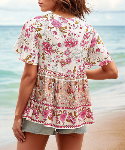 Summer V-Neck Top with Floral Patterns 2983