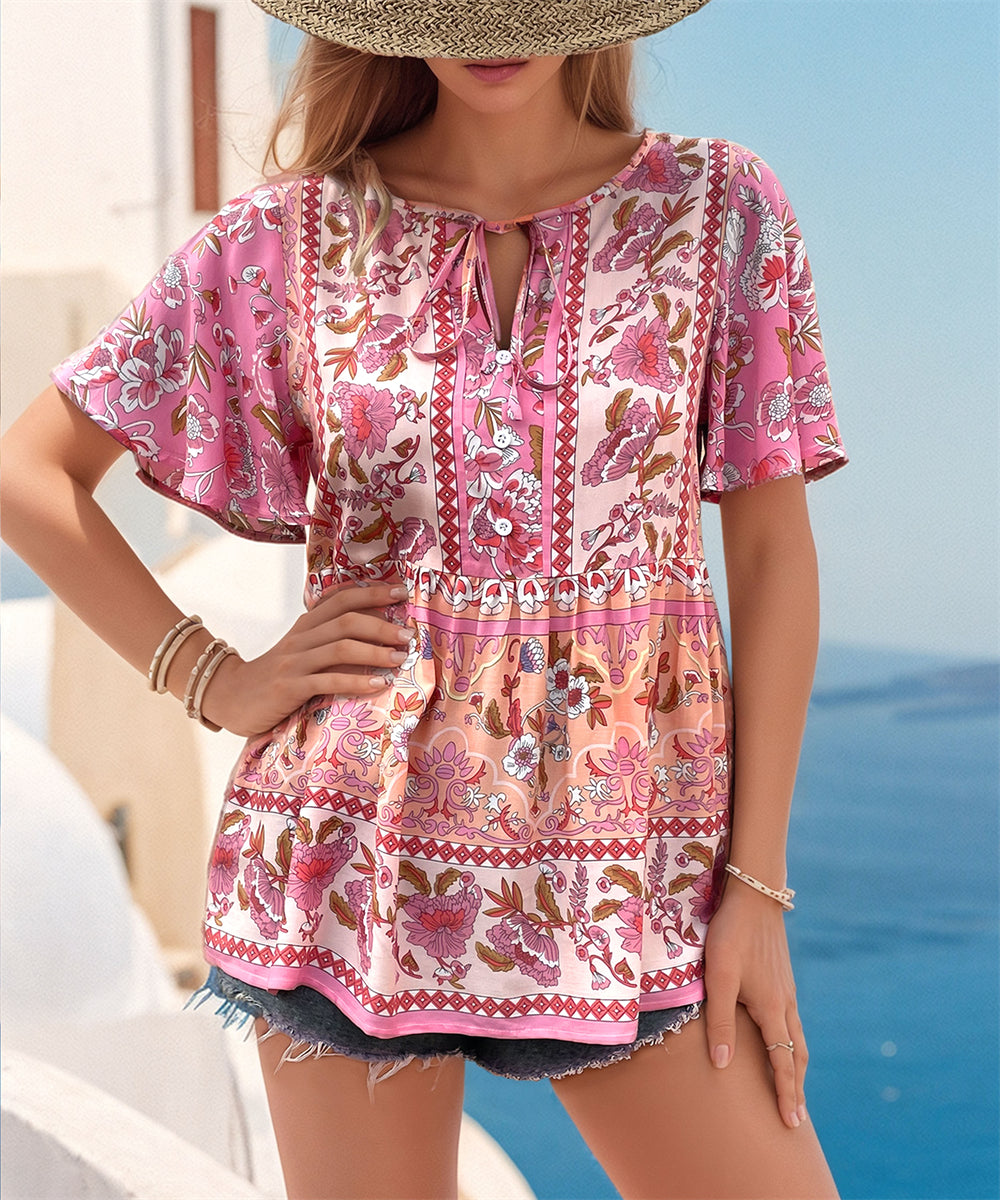 Summer V-Neck Top with Floral Patterns 2983 Pink