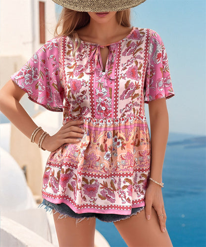 Summer V-Neck Top with Floral Patterns 2983 Pink