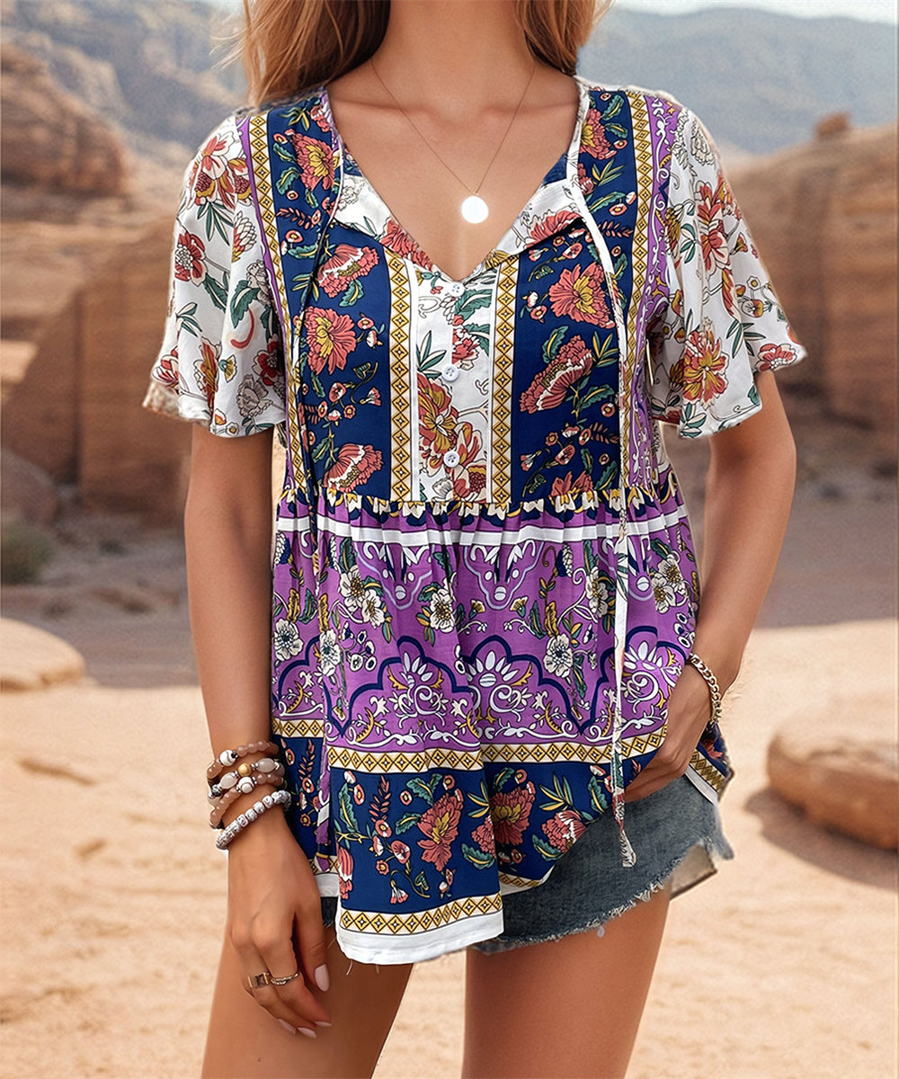 Summer V-Neck Top with Floral Patterns 2983 Purple