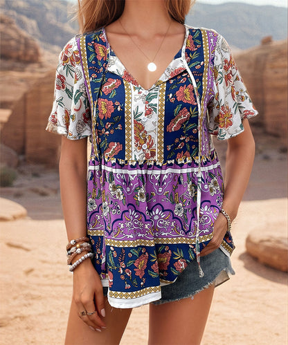 Summer V-Neck Top with Floral Patterns 2983 Purple