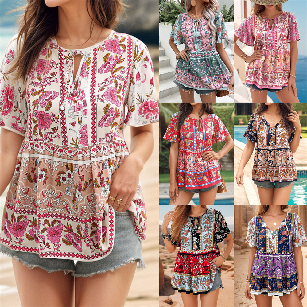 Summer V-Neck Top with Floral Patterns 2983 Mix Color