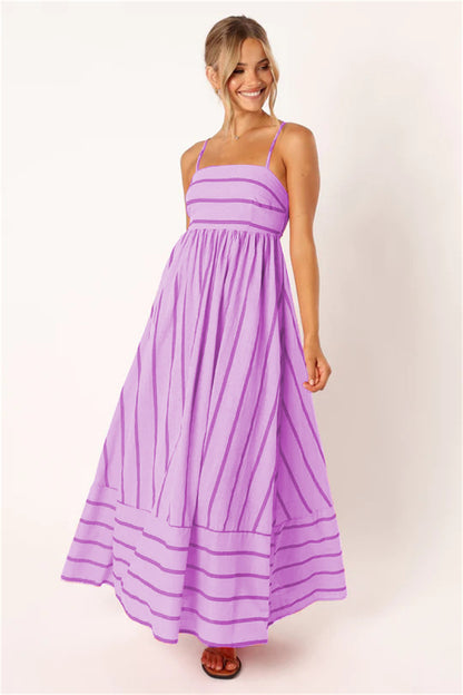 Summer beach striped boho maxi dress 3051 Purple