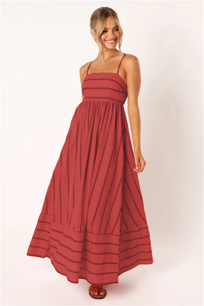 Summer beach striped boho maxi dress 3051 Red