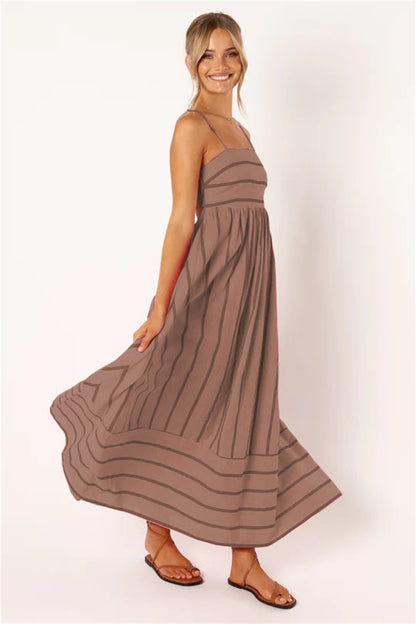 Summer beach striped boho maxi dress 3051 Brown