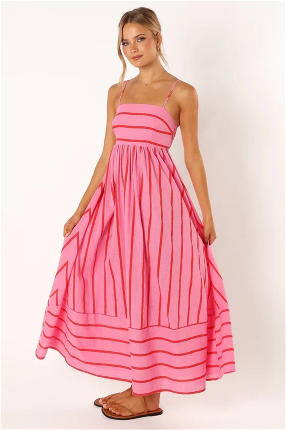 Summer beach striped boho maxi dress 3051 Pink