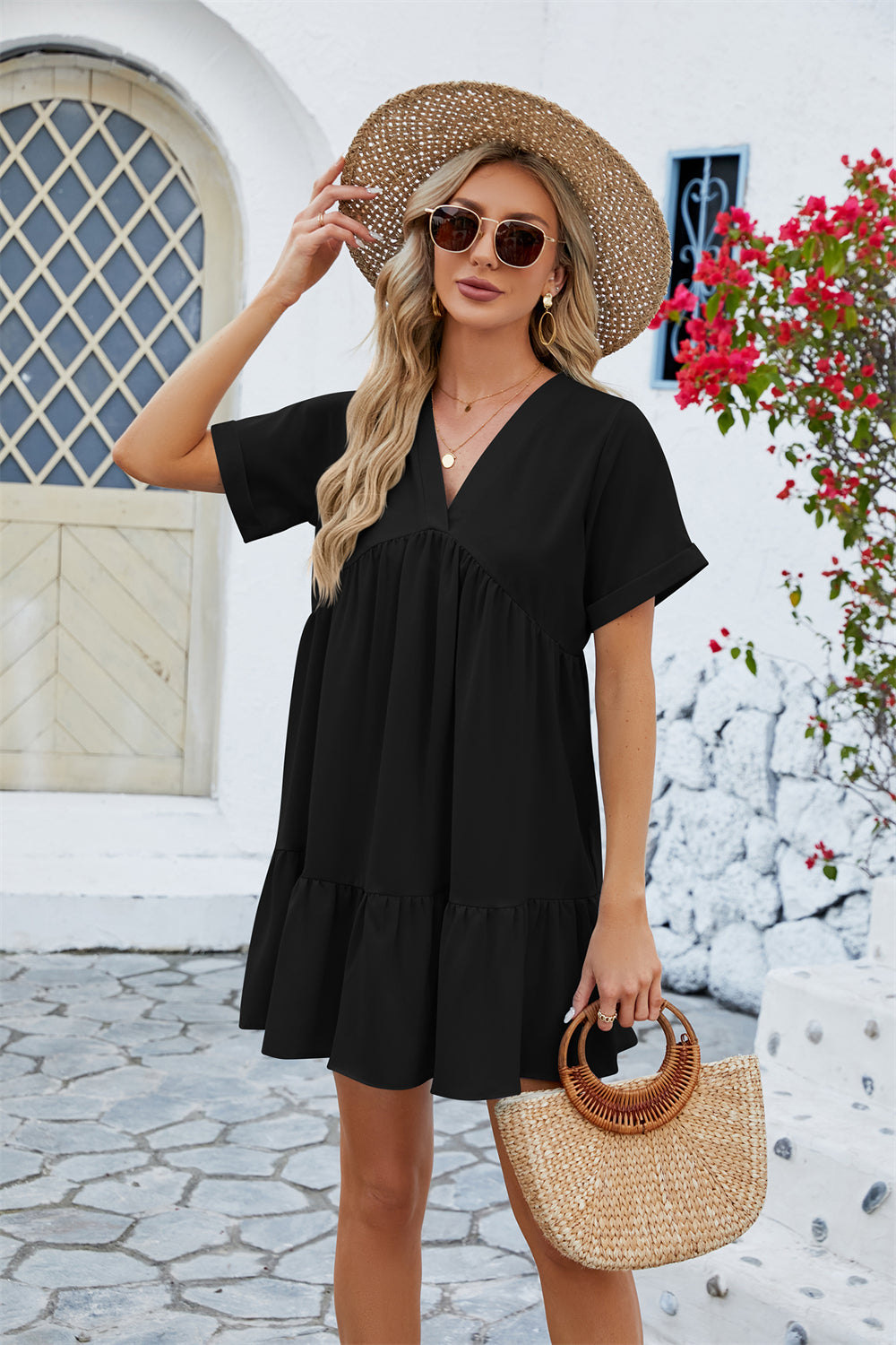 Sun-Kissed Day Flowy Babydoll Mini Dress 2736 black