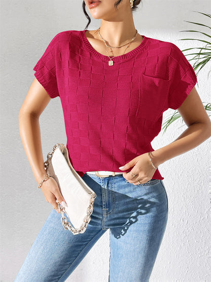 Textured Knit Blouse with Pocket Detail 2875 Rose red