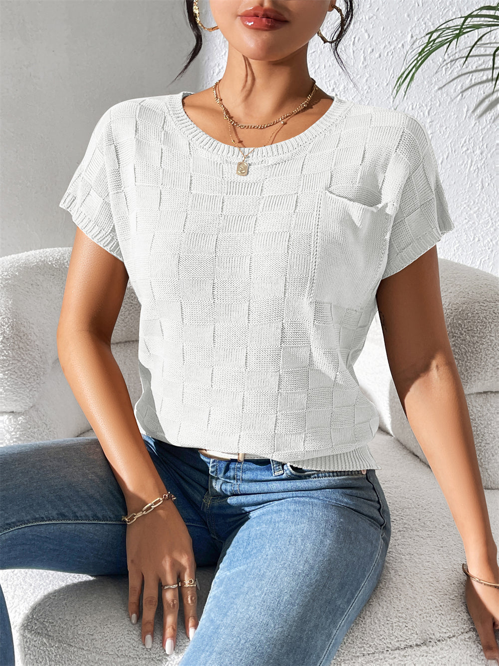 Textured Knit Blouse with Pocket Detail 2875 White