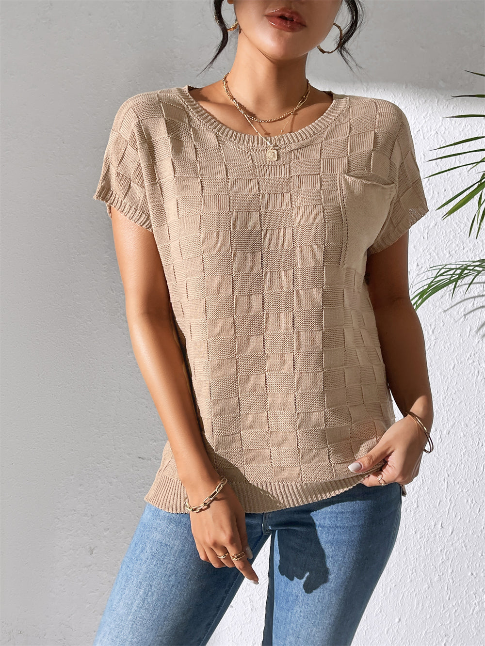 Textured Knit Blouse with Pocket Detail 2875 Khaki