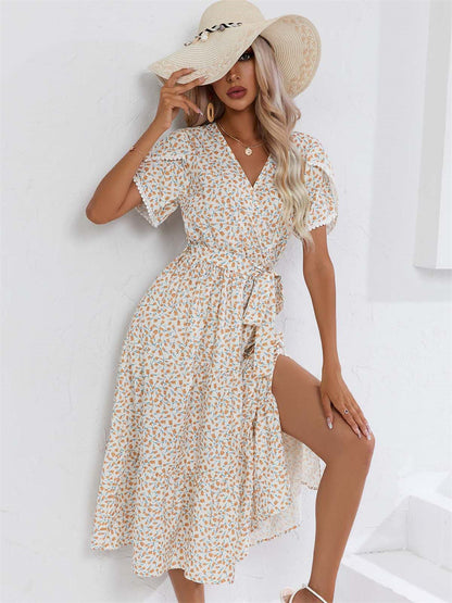 Tie Waist Slit Sun-Kissed Floral Midi Dress 3065 White