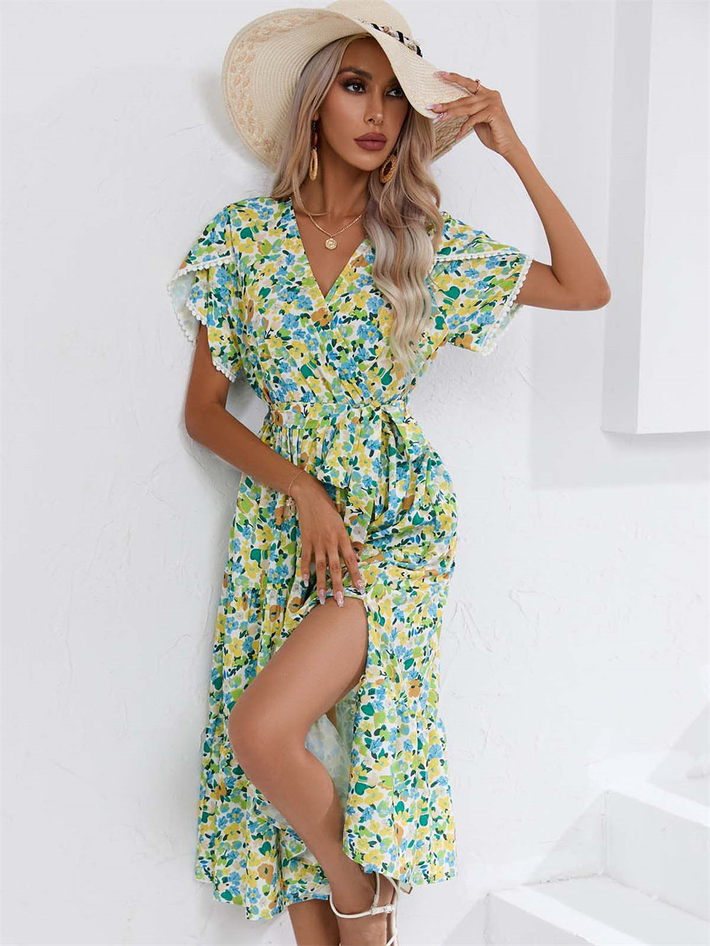 Tie Waist Slit Sun-Kissed Floral Midi Dress 3065 Green