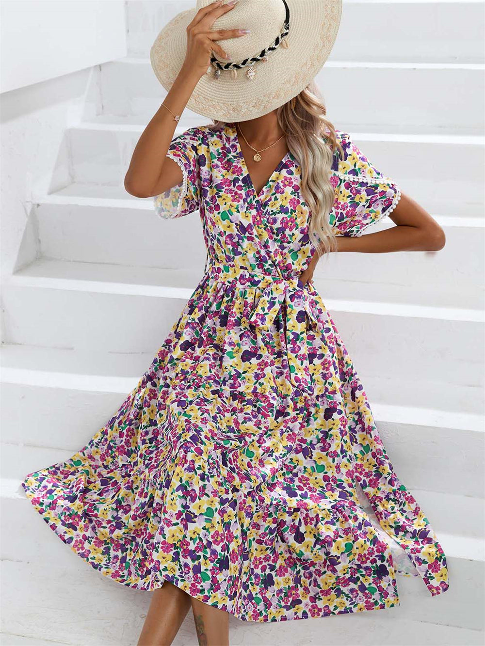 Tie Waist Slit Sun-Kissed Floral Midi Dress 3065 Purple