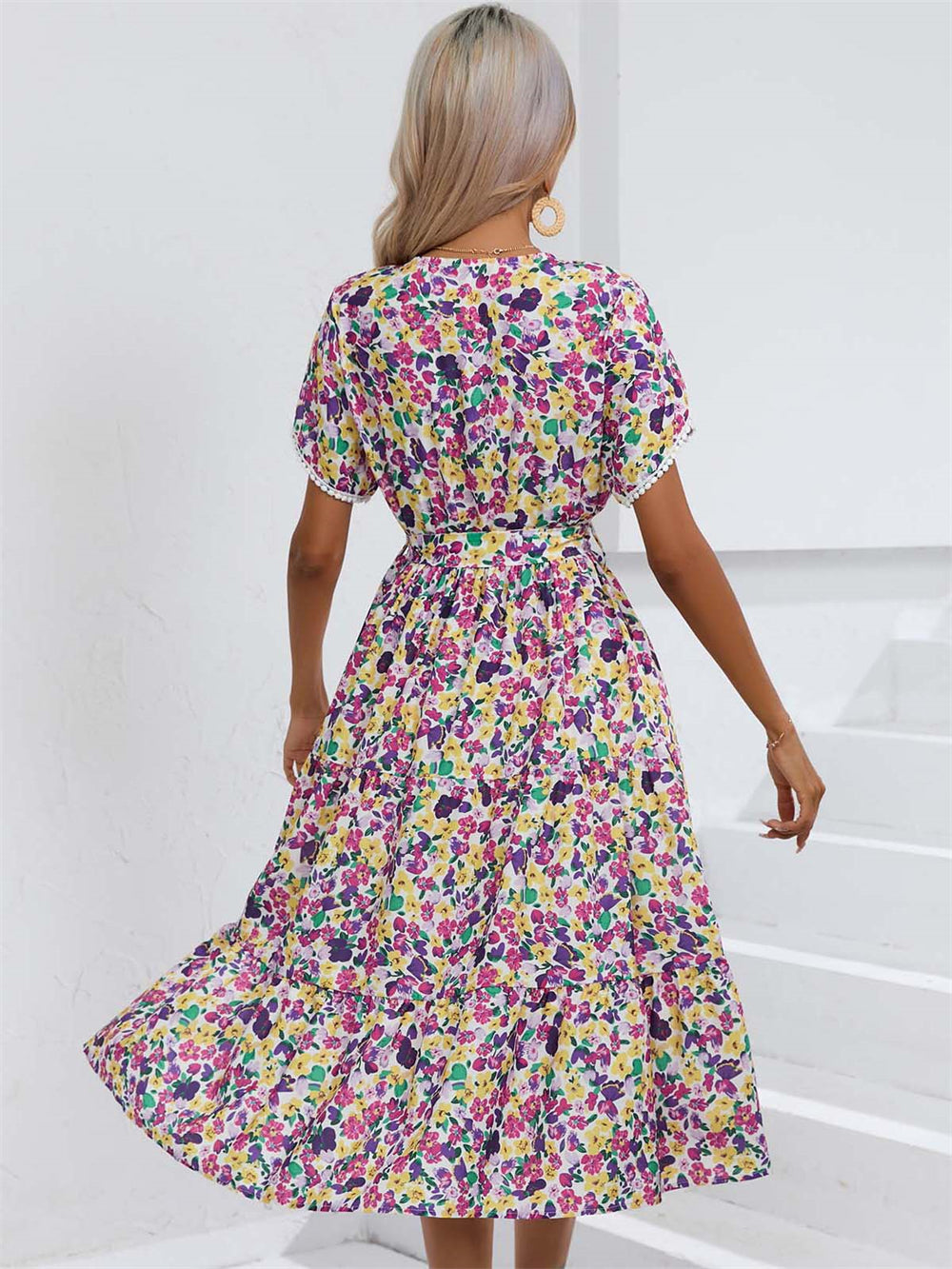 Tie Waist Slit Sun-Kissed Floral Midi Dress 3065