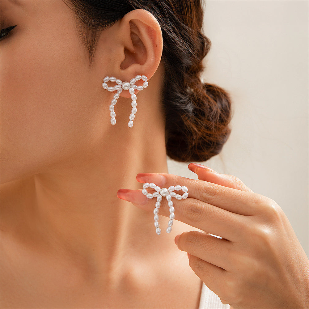 Timeless Bow-Embellished Pearl Earrings 2887 #2 White