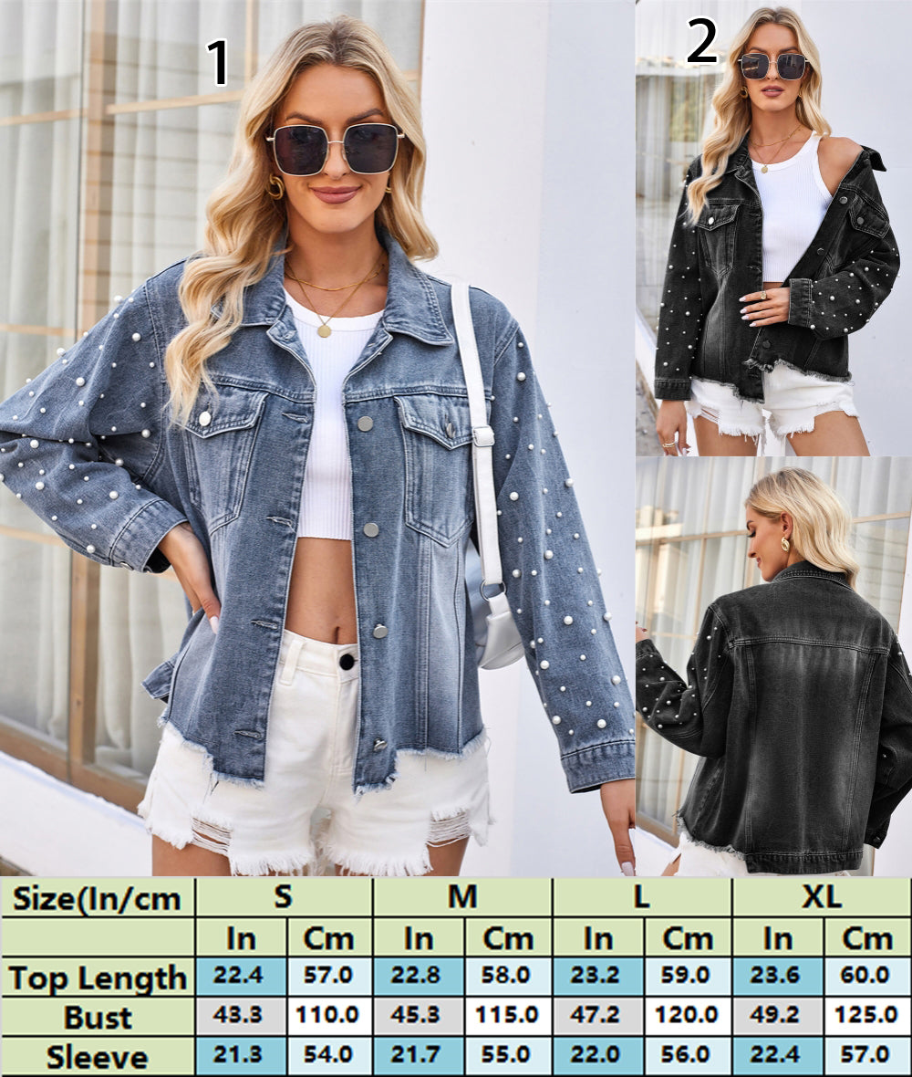 Trendy Denim Jacket with Pearl Embellishments 2745