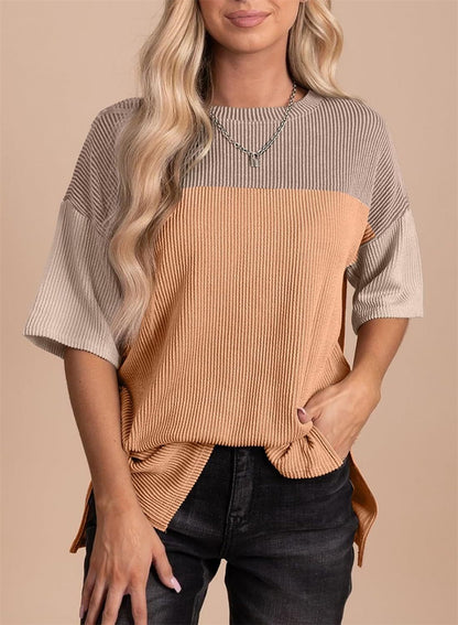 Trendy Ribbed Texture Block Top 2821