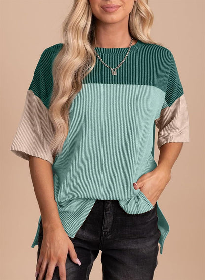 Trendy Ribbed Texture Block Top 2821