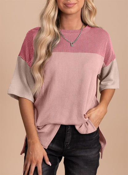 Trendy Ribbed Texture Block Top 2821