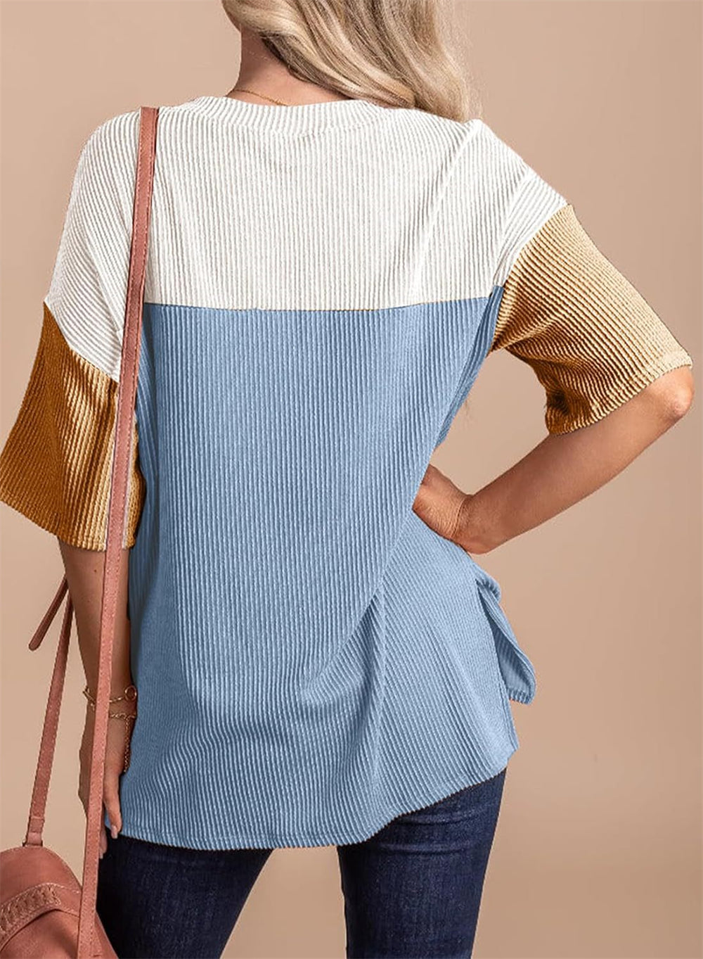 Trendy Ribbed Texture Block Top 2821