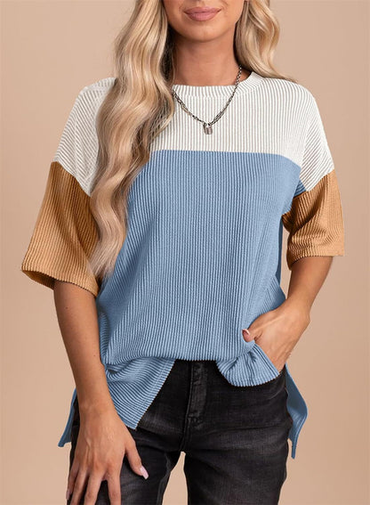 Trendy Ribbed Texture Block Top 2821