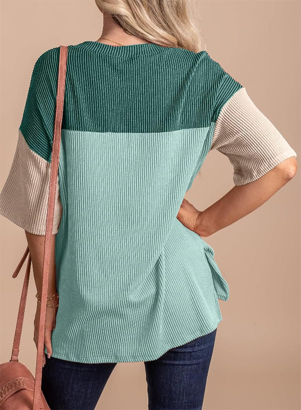 Trendy Ribbed Texture Block Top 2821