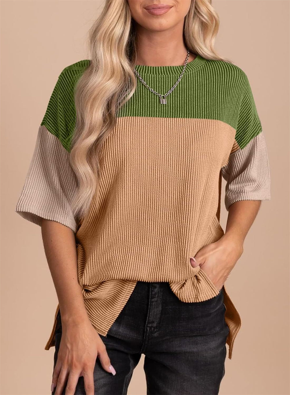 Trendy Ribbed Texture Block Top 2821