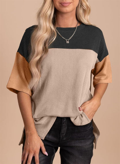 Trendy Ribbed Texture Block Top 2821