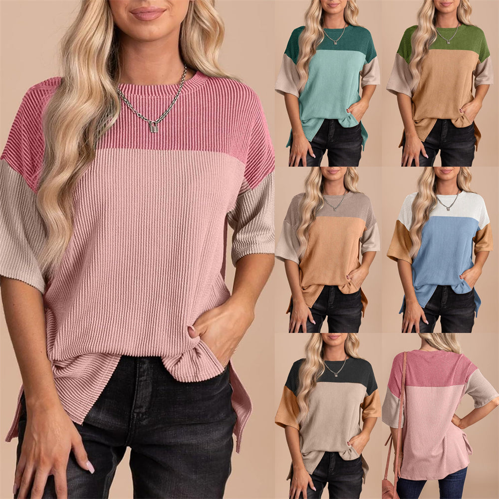 Trendy Ribbed Texture Block Top 2821