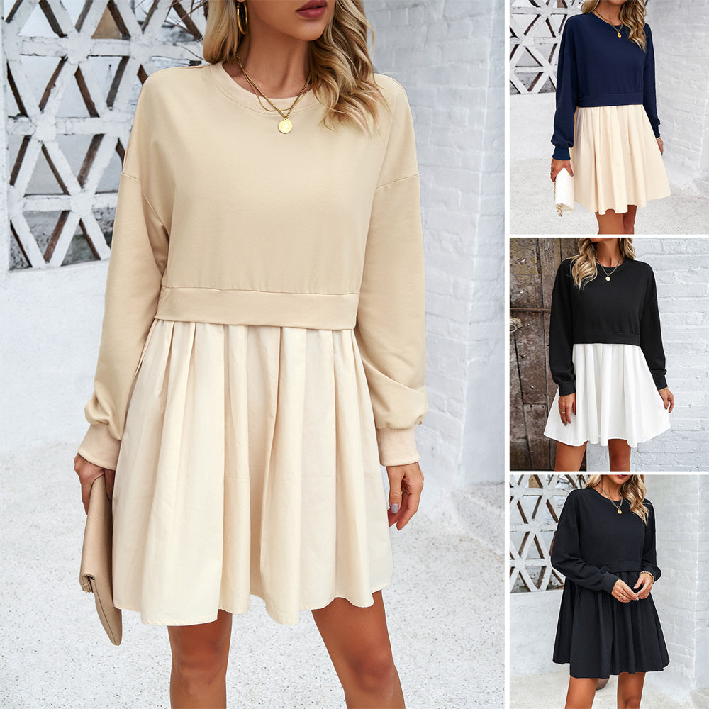 Trendy Two-Tone Sweatshirt Dress with Pleated Detail 2775 Mix Color