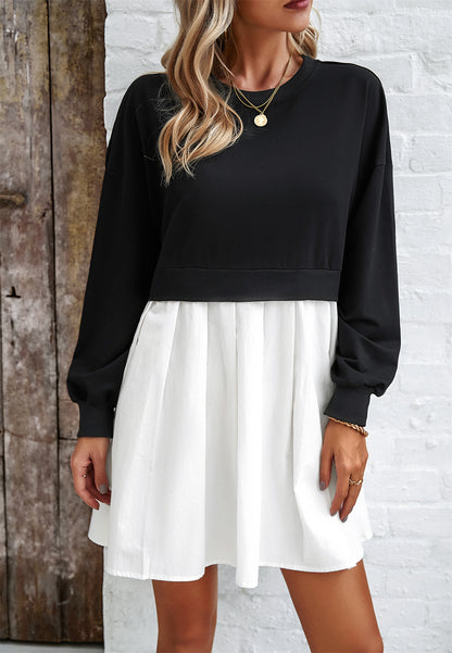 Trendy Two-Tone Sweatshirt Dress with Pleated Detail 2775 White+Black