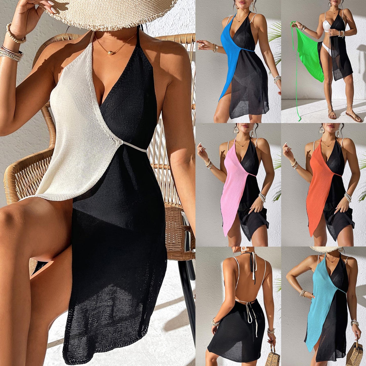 Two-Tone Sleeveless Summer Beach Backless cover up Dress 3012 F Mix Color