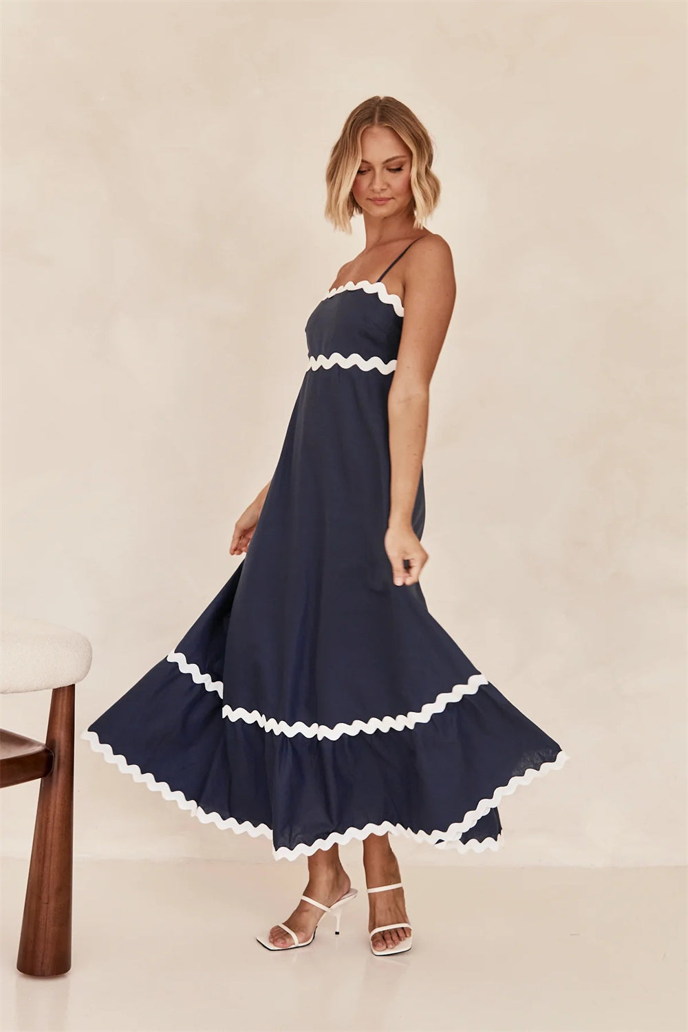 Unique Wave Accents A-Line Spaghetti Strap Dress 2750 dark blue