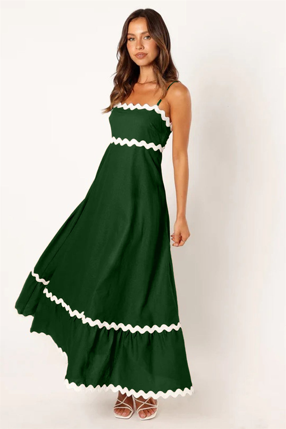 Unique Wave Accents A-Line Spaghetti Strap Dress 2750 green